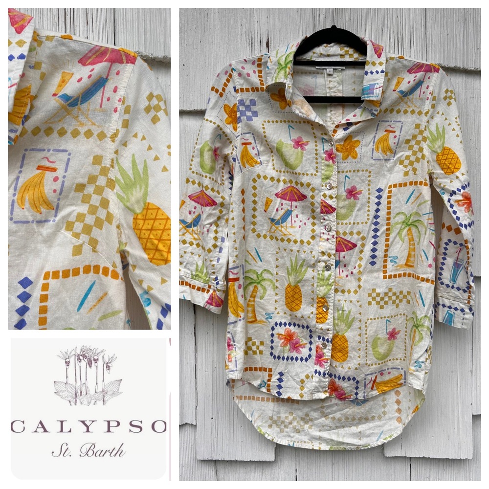Calypso St Barth Linen‎ Rayon Tropical Pineapple Palm Tree Shirt Womens Size S